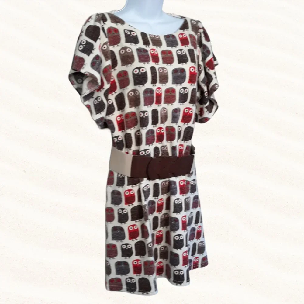 OWL boho dress or top • Large Jrs cream & brown bird OB2-12 - Picture 3 of 5